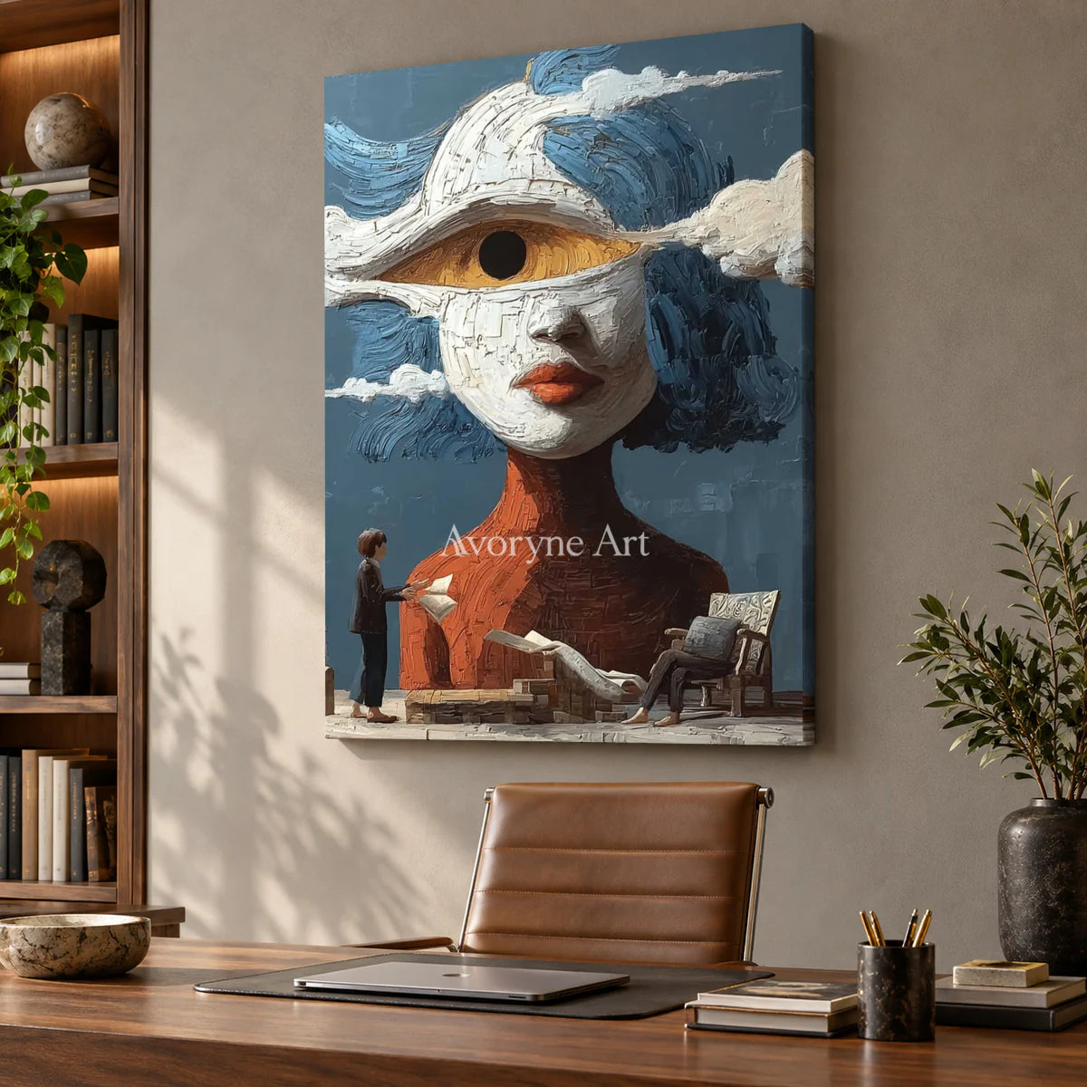 The Watching Cloud: Blue Surrealist Eye Portrait Wall Art — office frameless