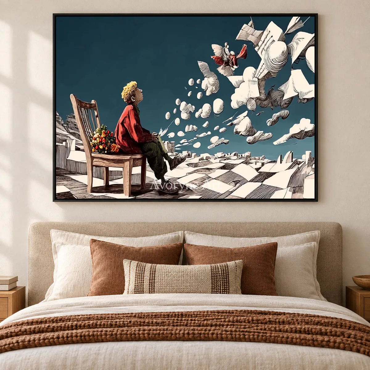 Paperbound Skies: Blue Surrealist Paper Landscape Wall Art — bedroom black
