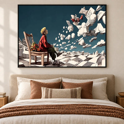Paperbound Skies: Blue Surrealist Paper Landscape Wall Art — bedroom black