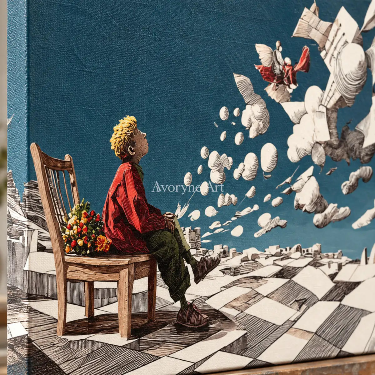 Paperbound Skies: Blue Surrealist Paper Landscape Wall Art — detail easel