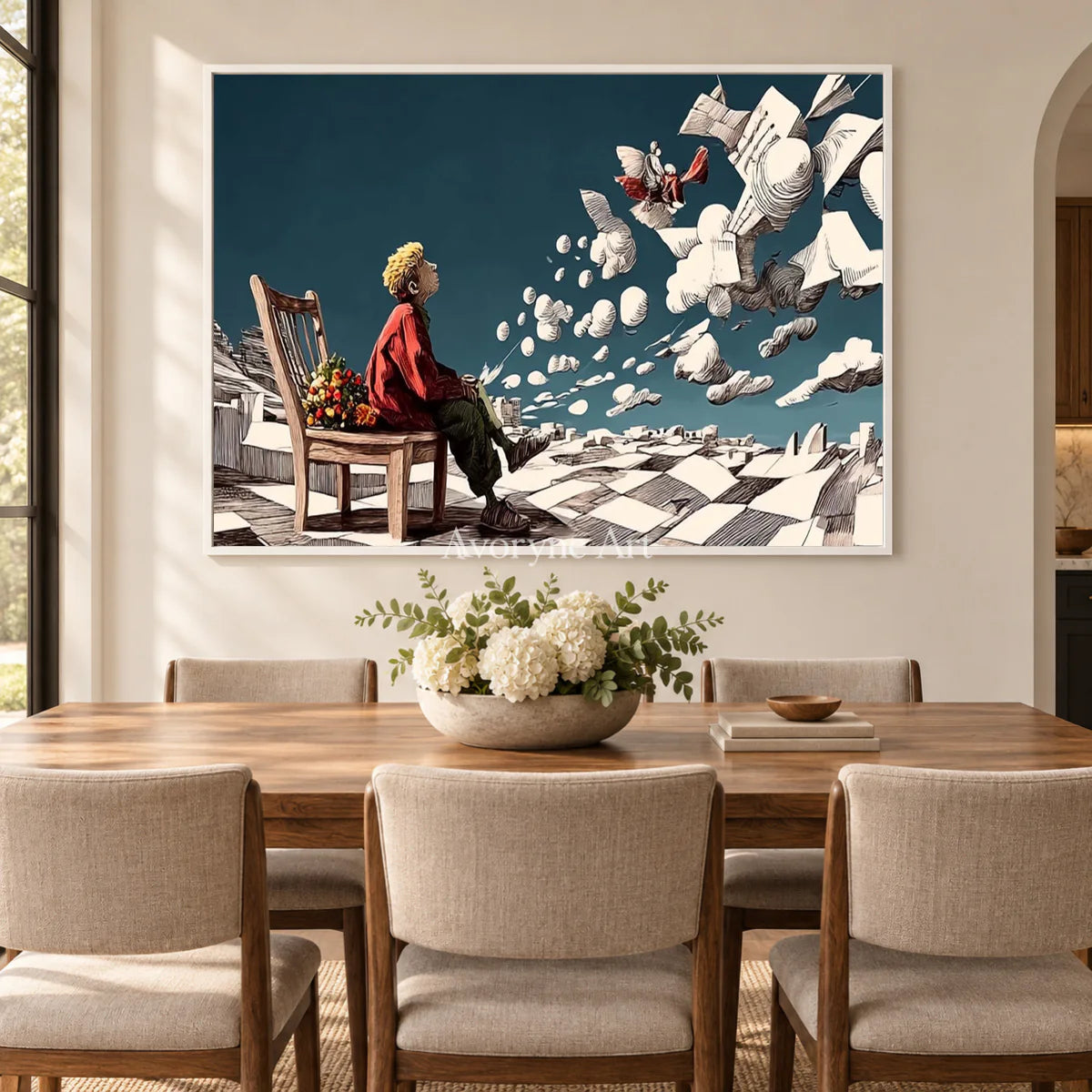 Paperbound Skies: Blue Surrealist Paper Landscape Wall Art — dining white
