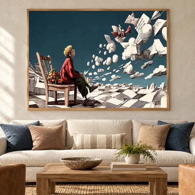 Paperbound Skies: Blue Surrealist Paper Landscape Wall Art — hotel wood