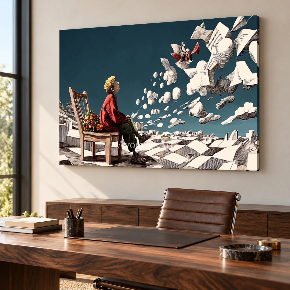 Paperbound Skies: Blue Surrealist Paper Landscape Wall Art — office frameless
