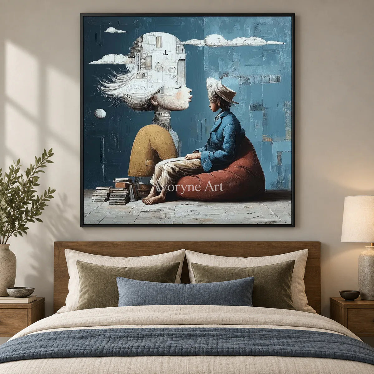 Rooms of Thought: Blue Surrealist Portrait Wall Art — bedroom black