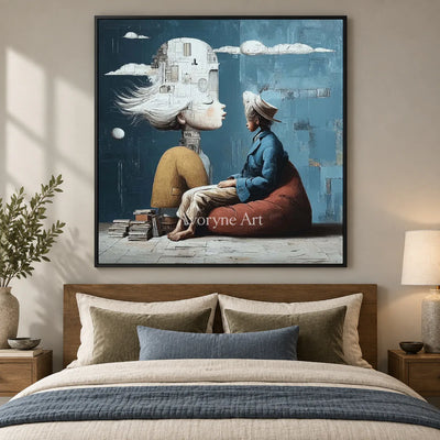 Rooms of Thought: Blue Surrealist Portrait Wall Art — bedroom black