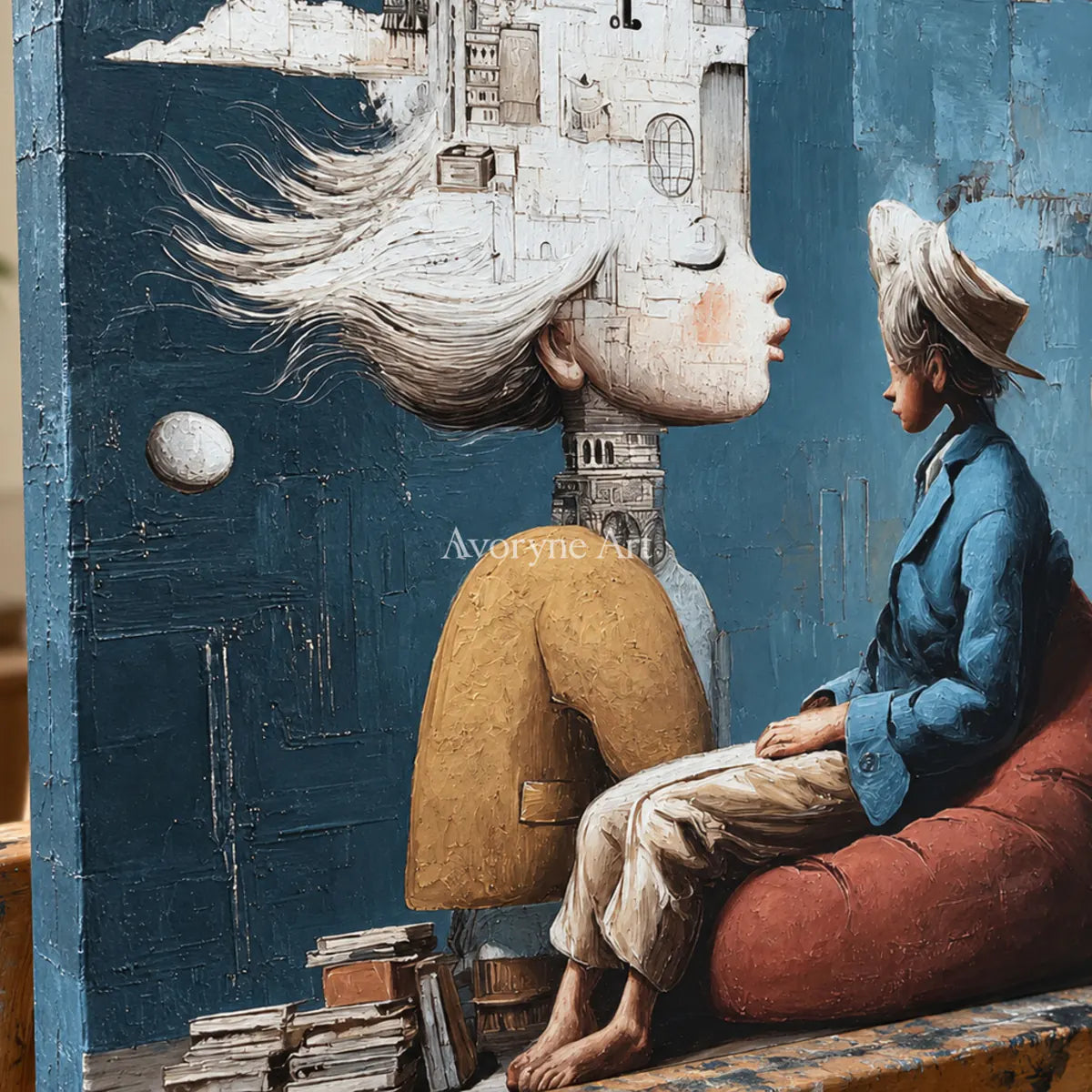 Rooms of Thought: Blue Surrealist Portrait Wall Art — detail easel