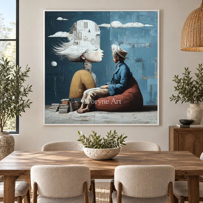 Rooms of Thought: Blue Surrealist Portrait Wall Art — dining white
