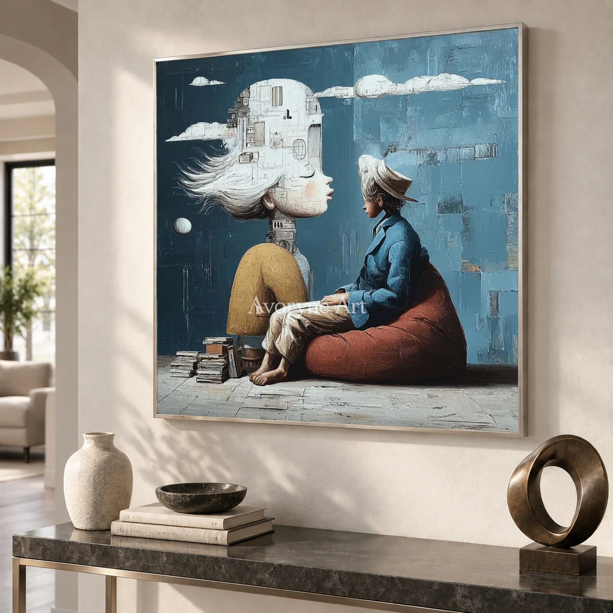Rooms of Thought: Blue Surrealist Portrait Wall Art — entry silver