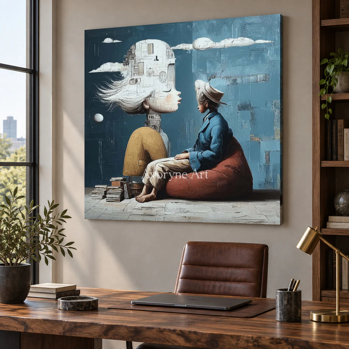 Rooms of Thought: Blue Surrealist Portrait Wall Art — office frameless