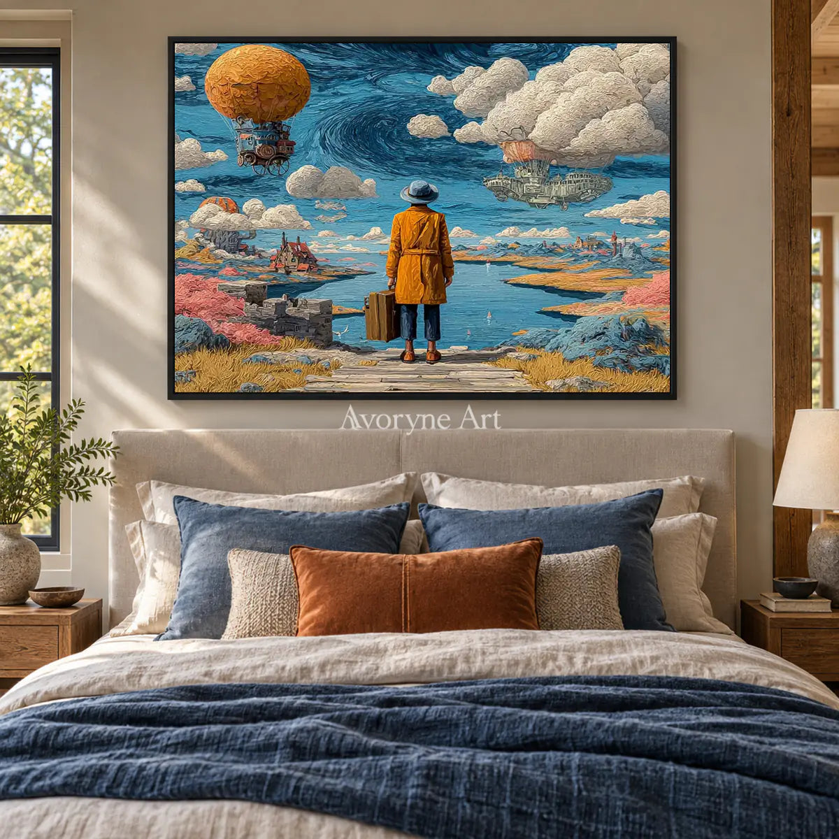 Beyond the Airship: Blue Surrealist Traveler Landscape Wall Art — bedroom black