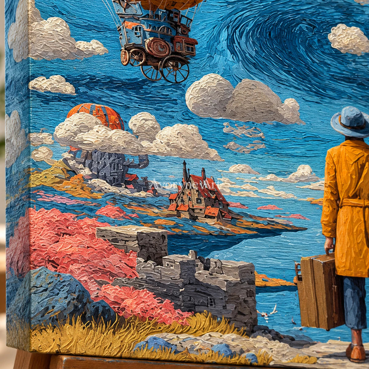 Beyond the Airship: Blue Surrealist Traveler Landscape Wall Art — detail easel