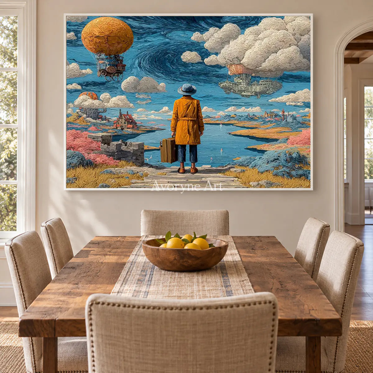 Beyond the Airship: Blue Surrealist Traveler Landscape Wall Art — dining white