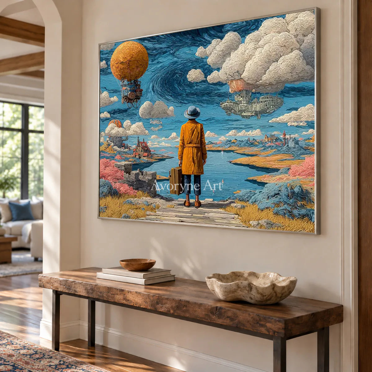 Beyond the Airship: Blue Surrealist Traveler Landscape Wall Art — entry silver