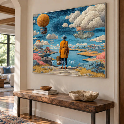 Beyond the Airship: Blue Surrealist Traveler Landscape Wall Art — entry silver