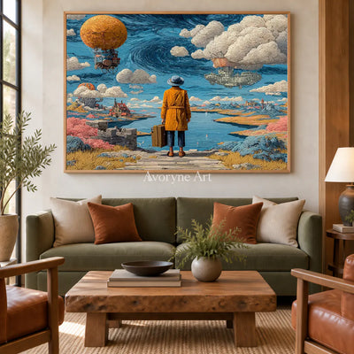 Beyond the Airship: Blue Surrealist Traveler Landscape Wall Art — hotel wood