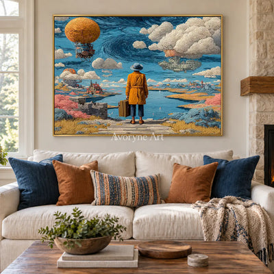 Beyond the Airship: Blue Surrealist Traveler Landscape Wall Art — living gold