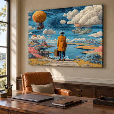 Beyond the Airship: Blue Surrealist Traveler Landscape Wall Art — office frameless