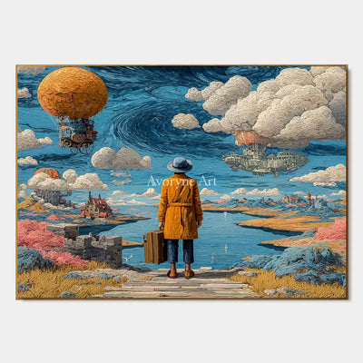 Beyond the Airship: Blue Surrealist Traveler Landscape Wall Art — primary