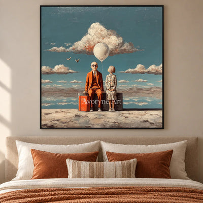 A Place Between Journeys: Blue Surrealist Travelers and Balloon Wall Art — bedroom black