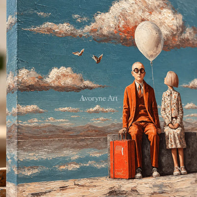 A Place Between Journeys: Blue Surrealist Travelers and Balloon Wall Art — detail easel