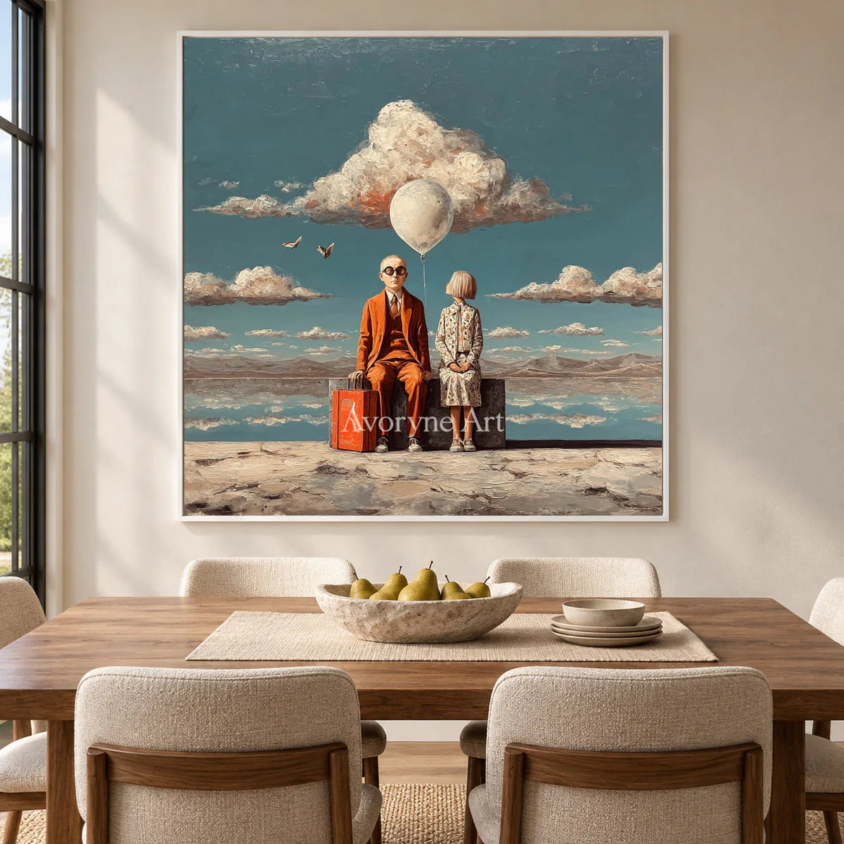 A Place Between Journeys: Blue Surrealist Travelers and Balloon Wall Art — dining white