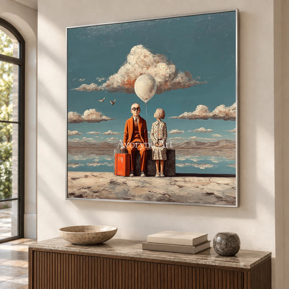 A Place Between Journeys: Blue Surrealist Travelers and Balloon Wall Art — entry silver