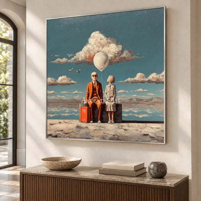 A Place Between Journeys: Blue Surrealist Travelers and Balloon Wall Art — entry silver