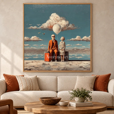 A Place Between Journeys: Blue Surrealist Travelers and Balloon Wall Art — hotel wood