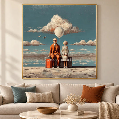 A Place Between Journeys: Blue Surrealist Travelers and Balloon Wall Art — living gold