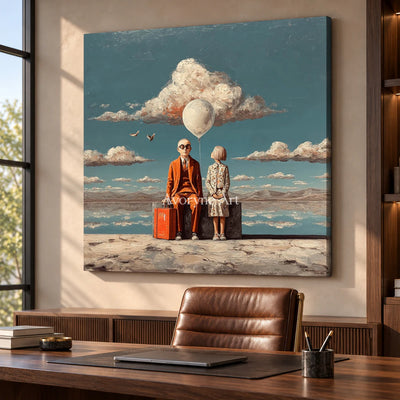 A Place Between Journeys: Blue Surrealist Travelers and Balloon Wall Art — office frameless