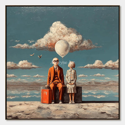 A Place Between Journeys: Blue Surrealist Travelers and Balloon Wall Art — primary