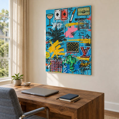 Ivory Amber Vista: Blue Symbol Graffiti — office frameless