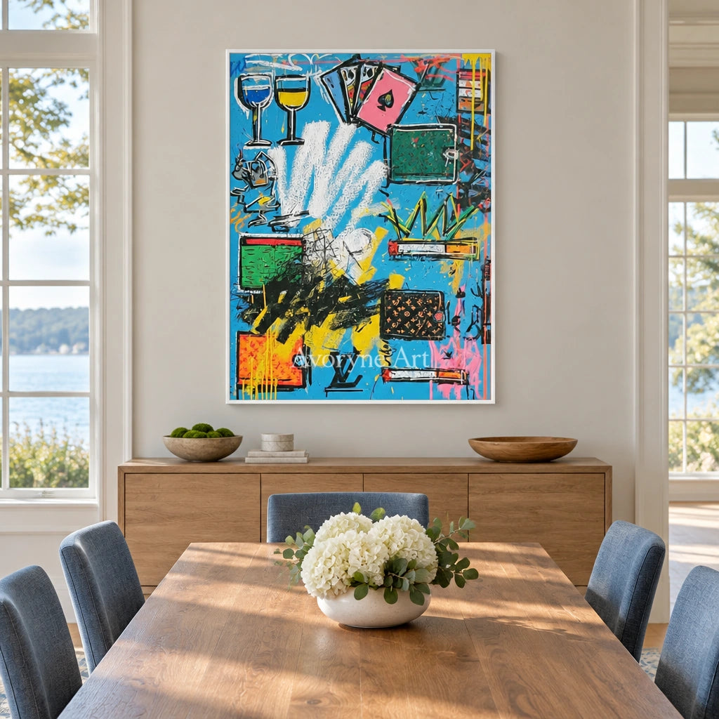 Ivory Distant Refrain: Blue Symbol Graffiti — dining white