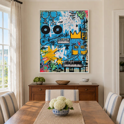 Ivory Distant Passage: Blue Symbol Graffiti — dining white