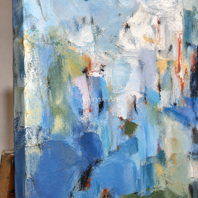 Blue Palimpsest: Blue Textured Abstract Wall Art — detail easel