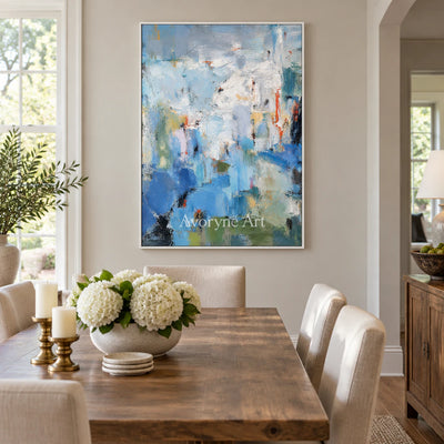 Blue Palimpsest: Blue Textured Abstract Wall Art — dining white