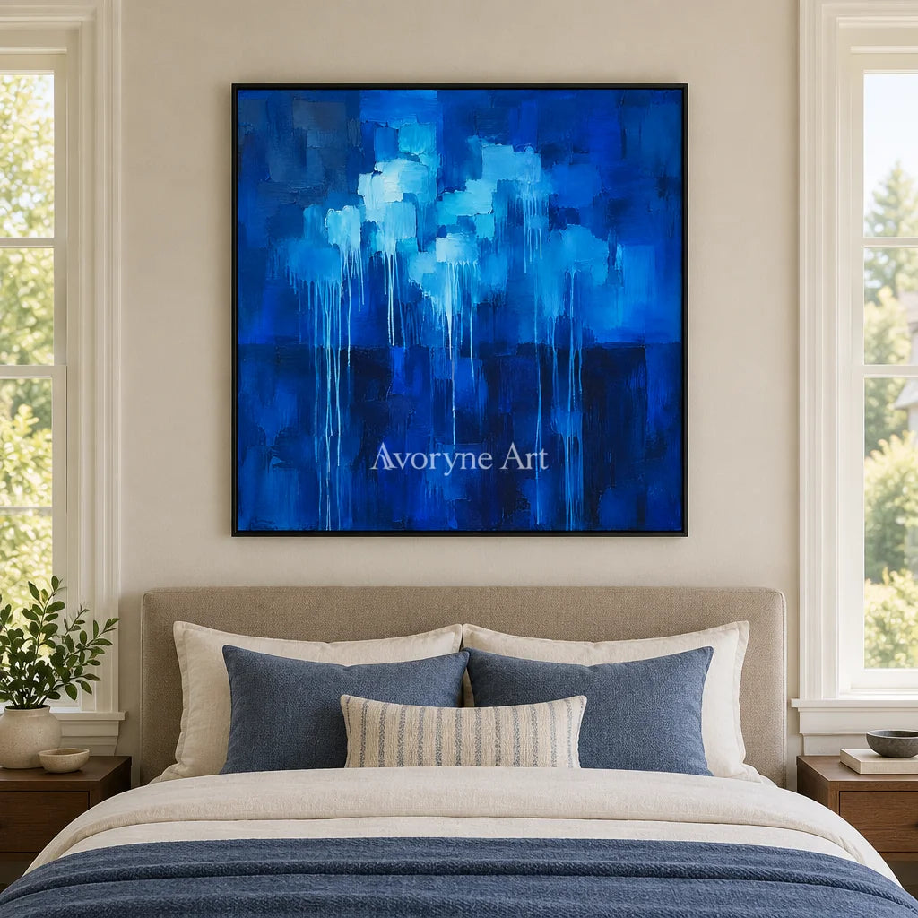 Cobalt Rain: Blue Textured Abstract Wall Art — bedroom black