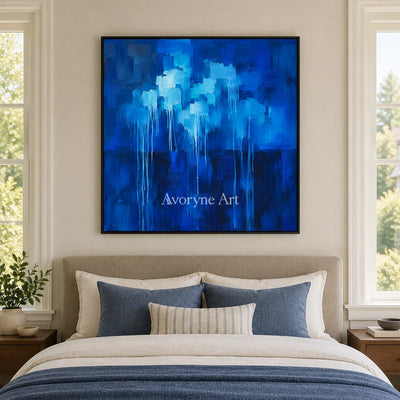 Cobalt Rain: Blue Textured Abstract Wall Art — bedroom black