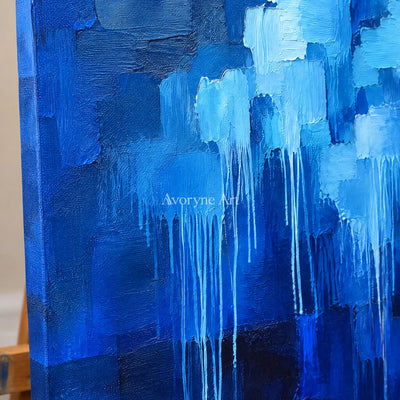 Cobalt Rain: Blue Textured Abstract Wall Art — detail easel