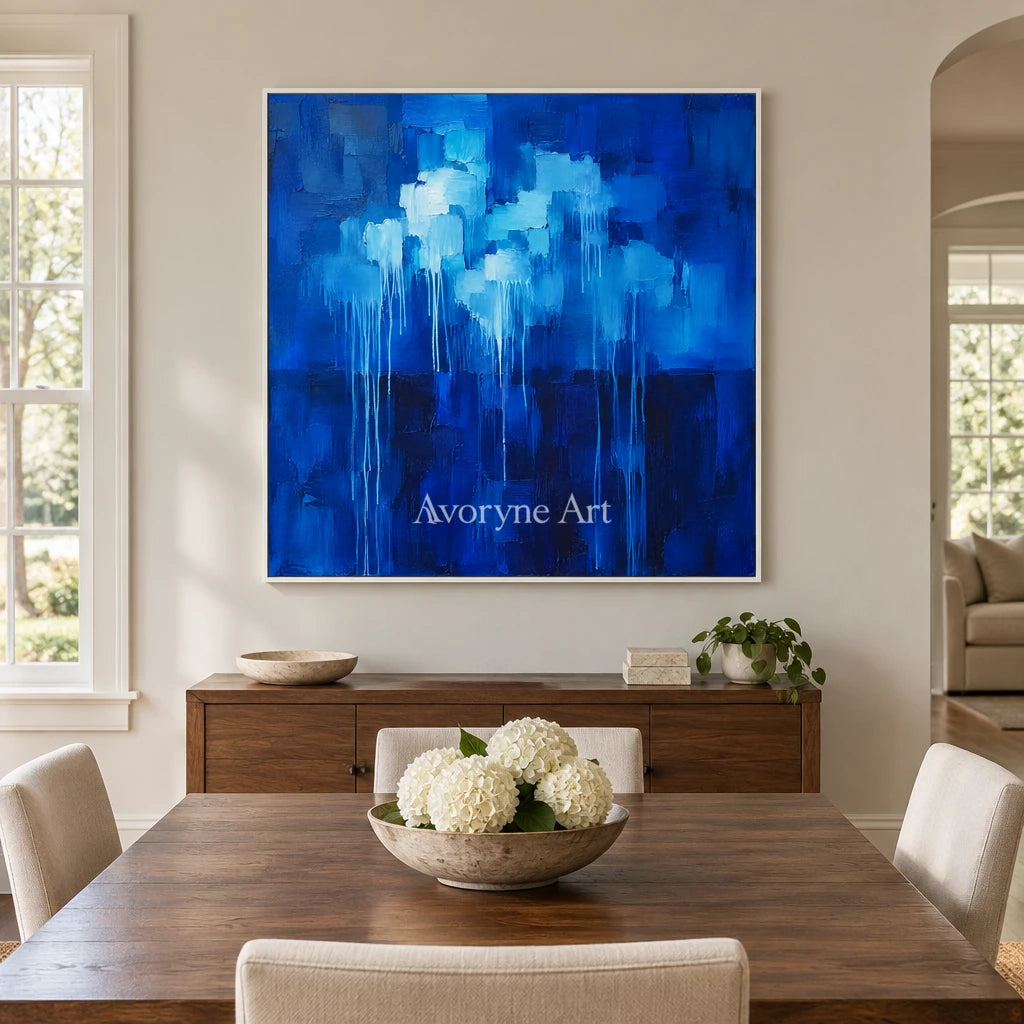 Cobalt Rain: Blue Textured Abstract Wall Art — dining white