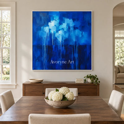 Cobalt Rain: Blue Textured Abstract Wall Art — dining white