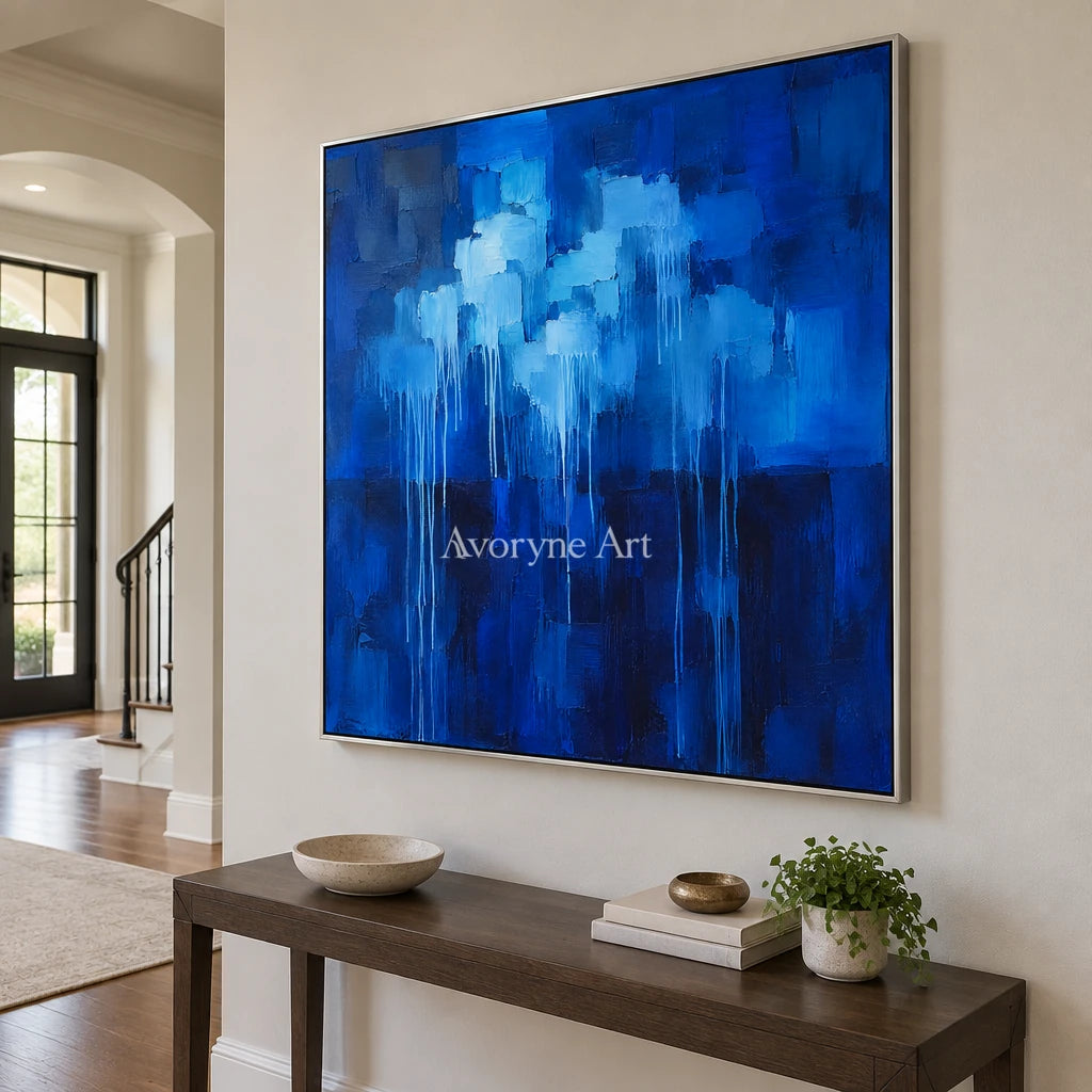 Cobalt Rain: Blue Textured Abstract Wall Art — entry silver