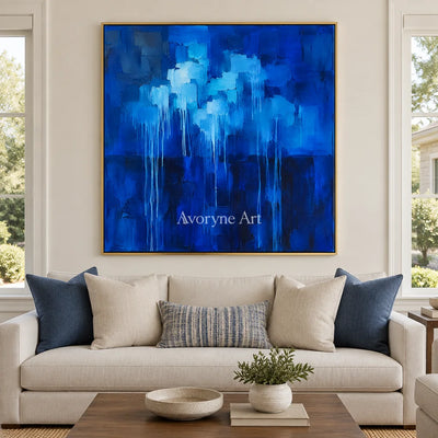 Cobalt Rain: Blue Textured Abstract Wall Art — living gold