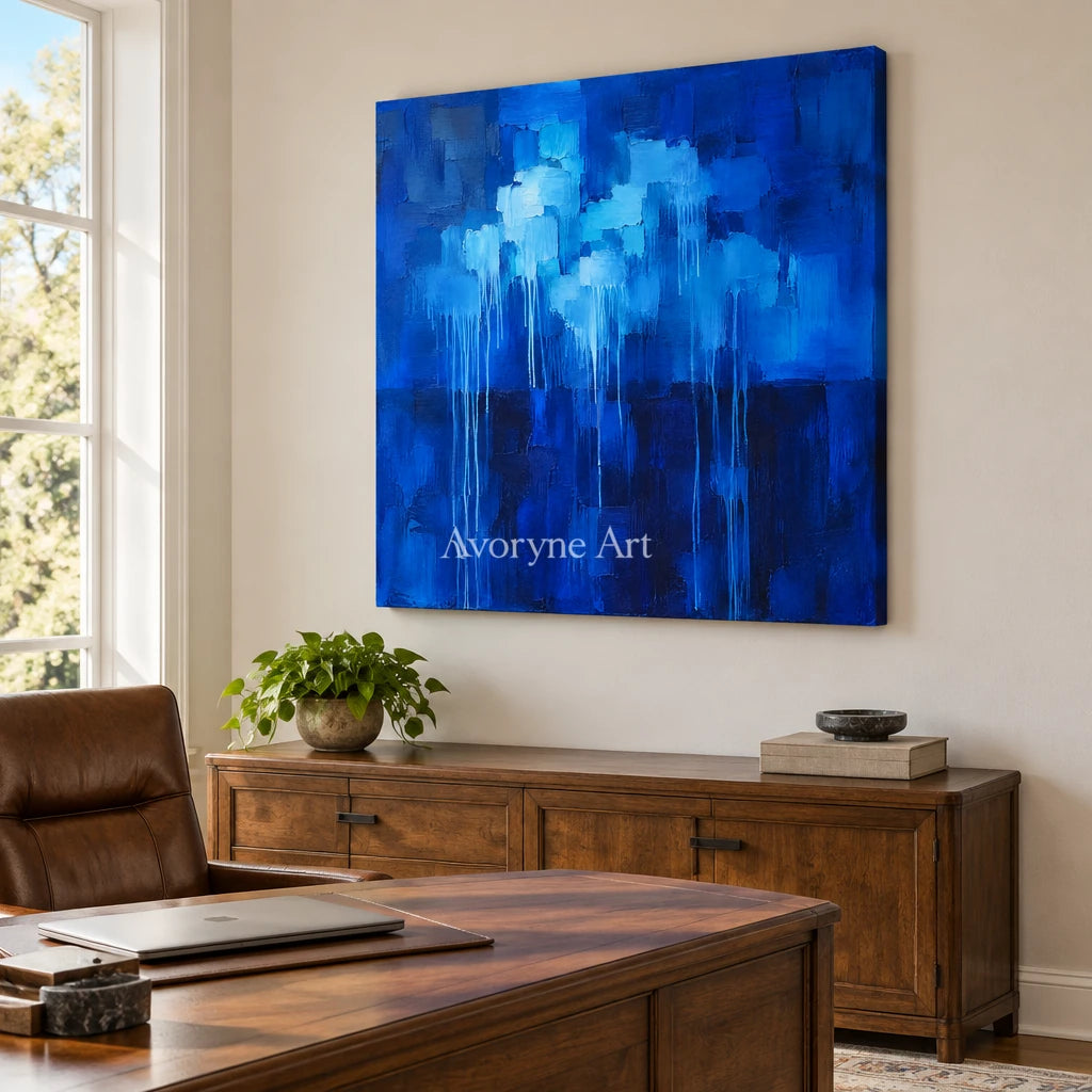 Cobalt Rain: Blue Textured Abstract Wall Art — office frameless