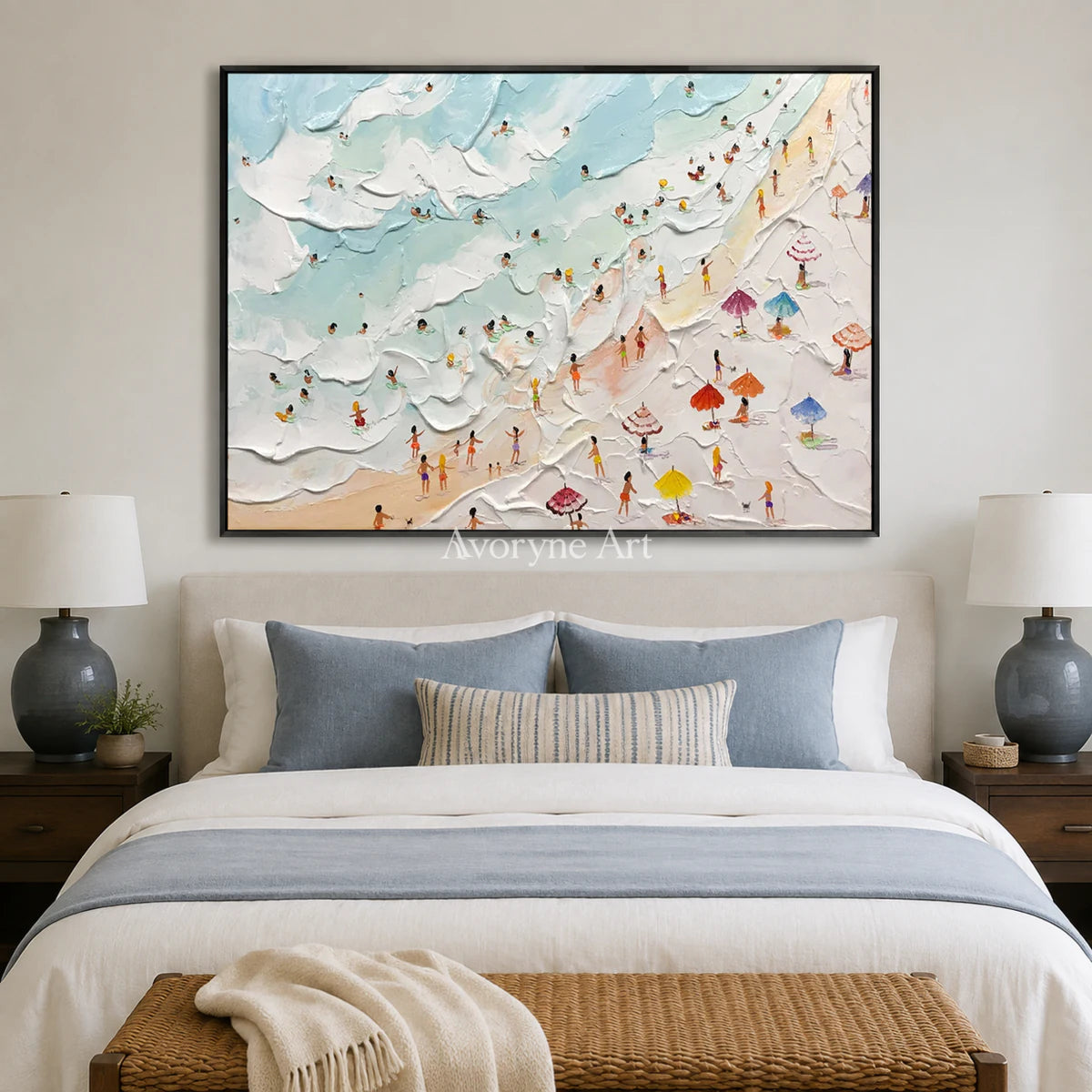 Summer Inlets: Blue Textured Beach and Umbrella Wall Art — bedroom black