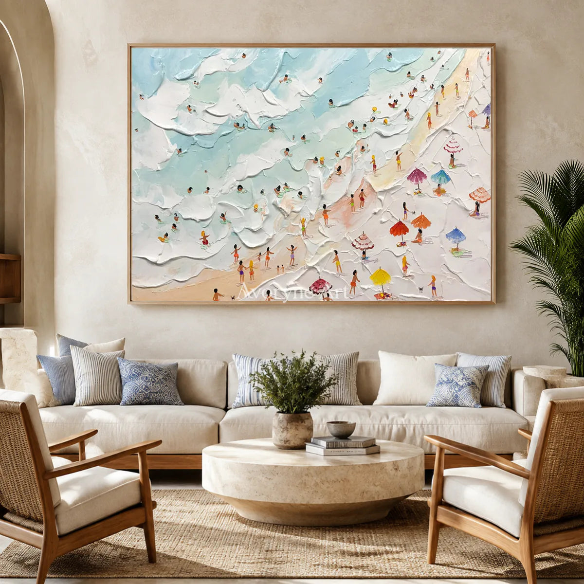 Summer Inlets: Blue Textured Beach and Umbrella Wall Art — hotel wood
