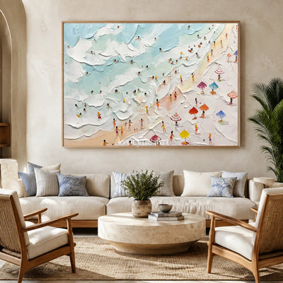 Summer Inlets: Blue Textured Beach and Umbrella Wall Art — hotel wood