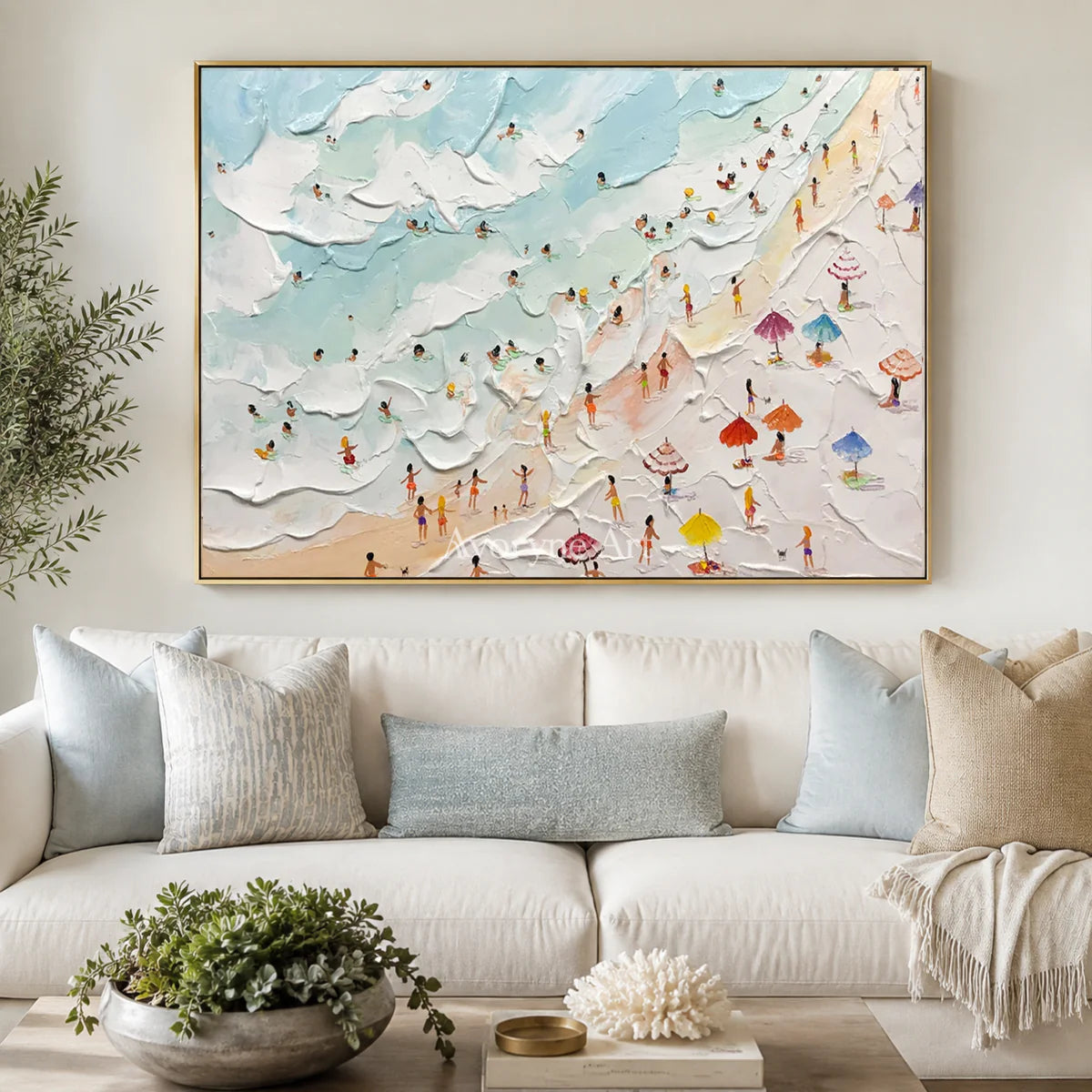 Summer Inlets: Blue Textured Beach and Umbrella Wall Art — living gold