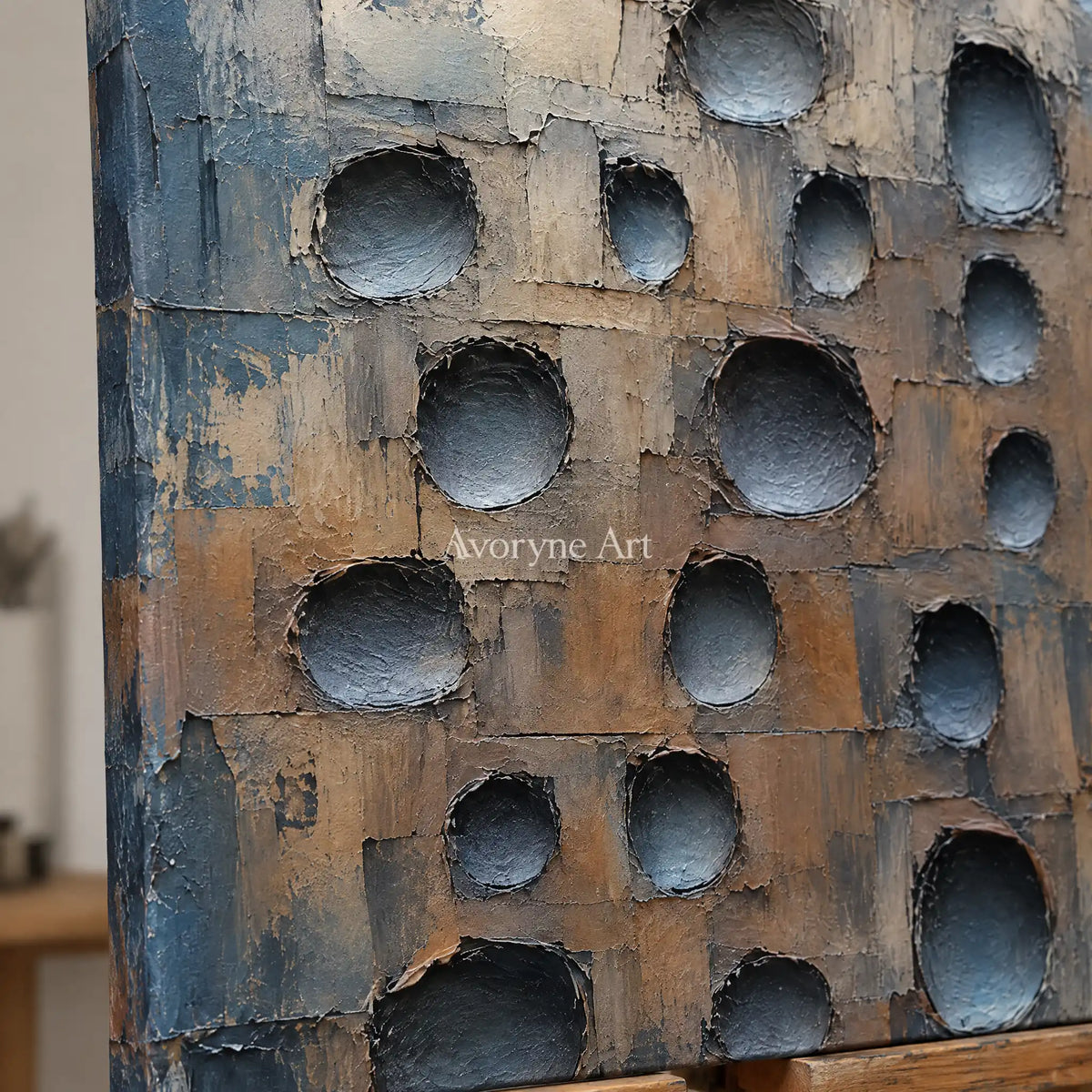 Bluehollow: Blue Textured Grid Wall Art — detail easel