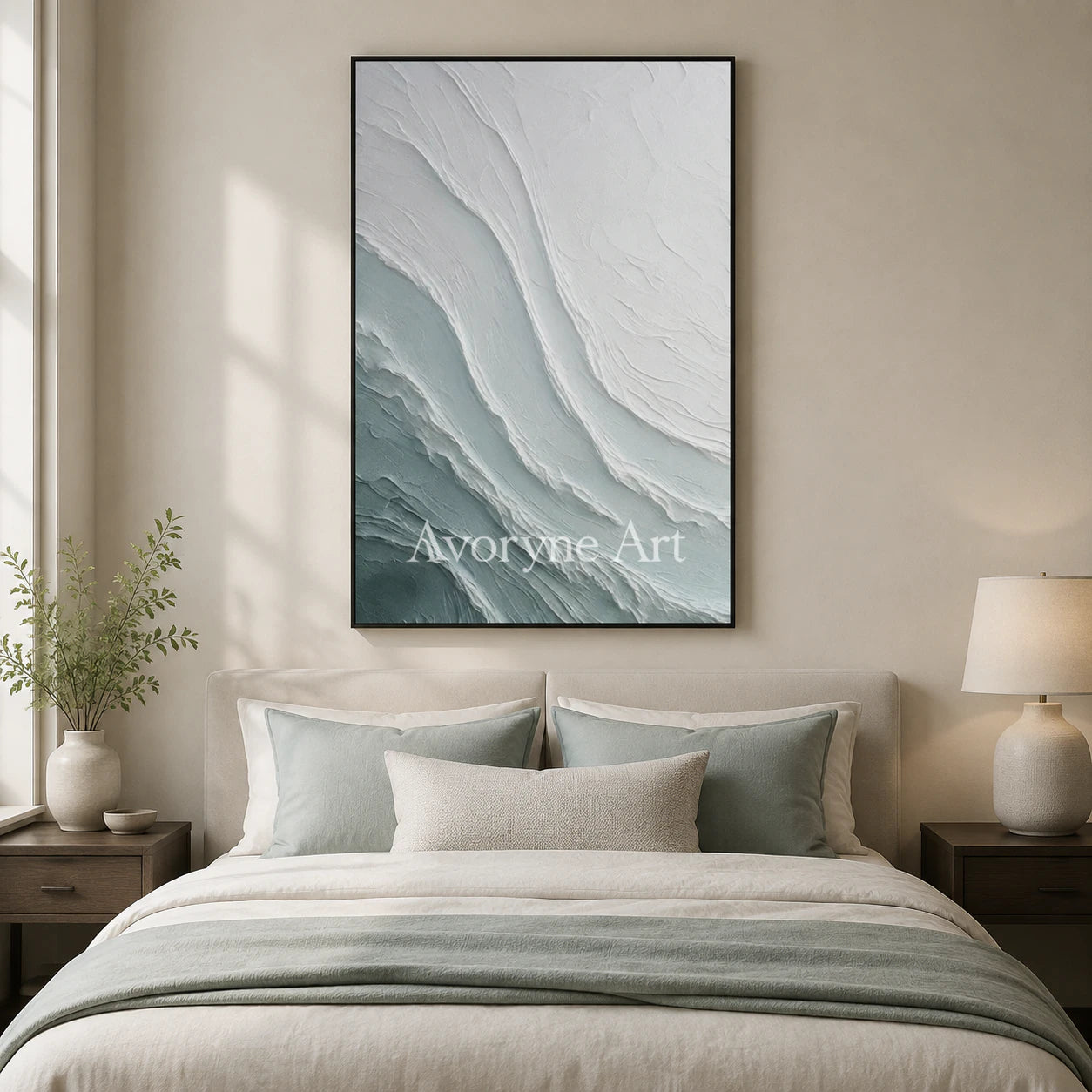 Tidal Veil: Blue Textured Ocean Abstract Wall Art - bedroom black frame